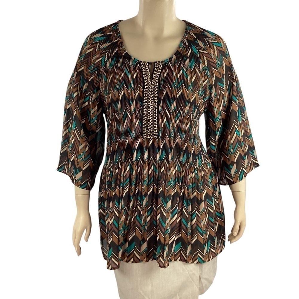 Catherines Chevron Print Tunic Top Embellished Neck Pleated Bodice 22/24W